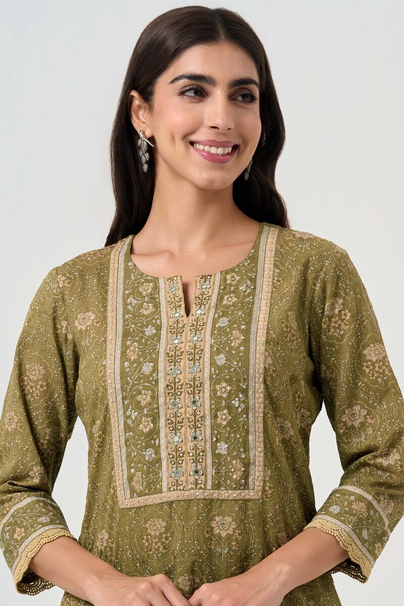 Green Hand Block Printed Straight Ram Buta Kurta
