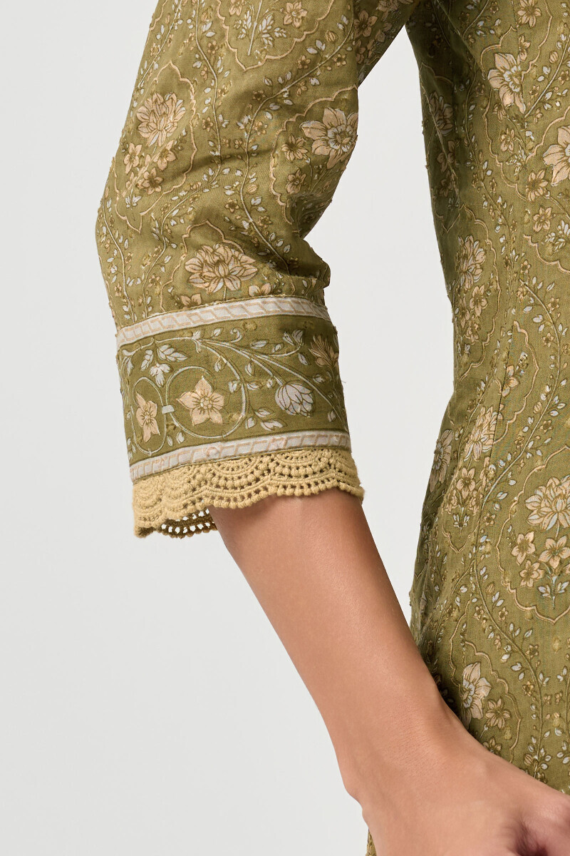 Green Hand Block Printed Straight Ram Buta Kurta