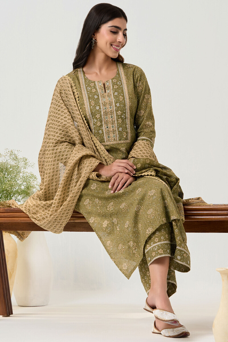 Green Hand Block Printed Straight Ram Buta Kurta