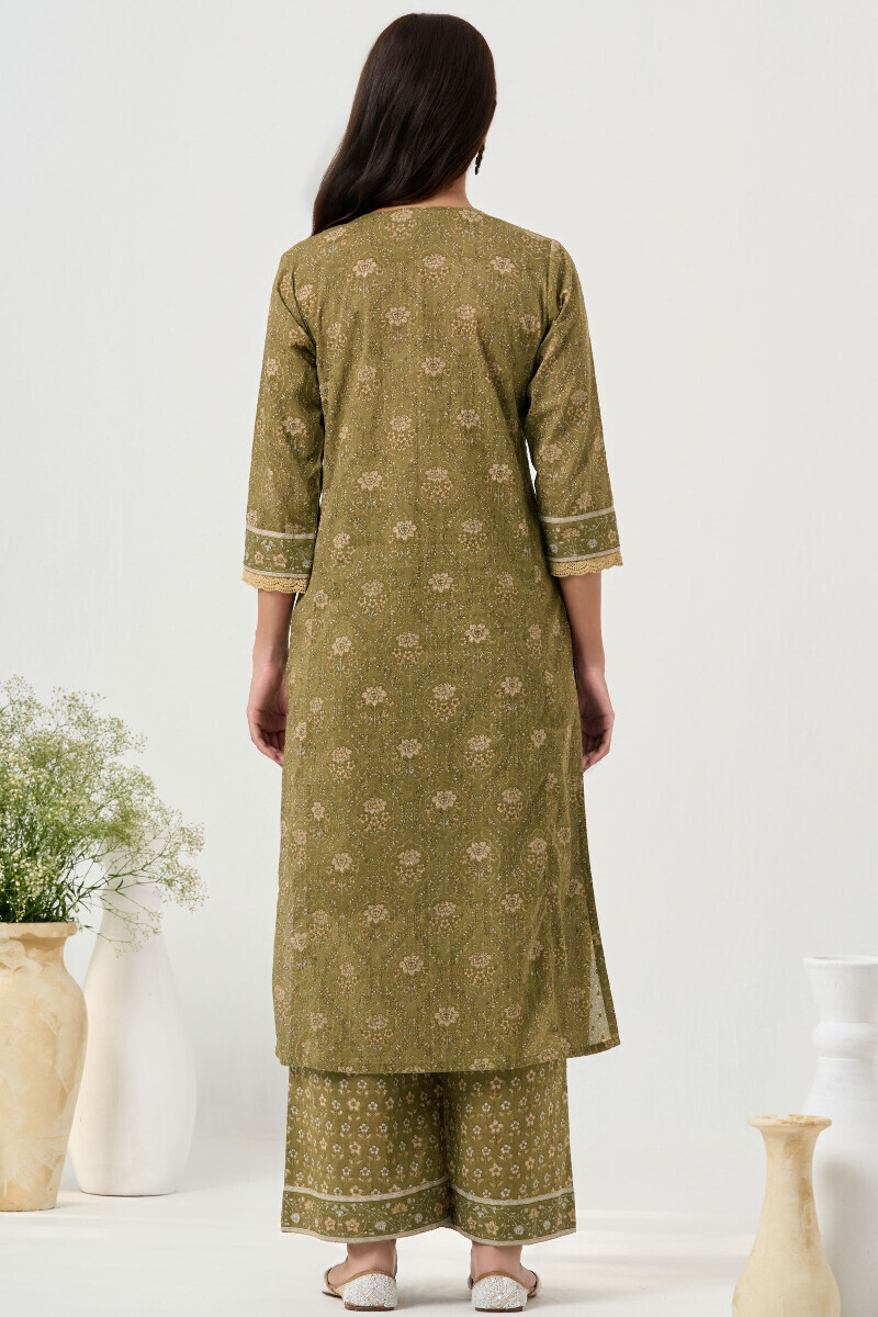 Green Hand Block Printed Straight Ram Buta Kurta