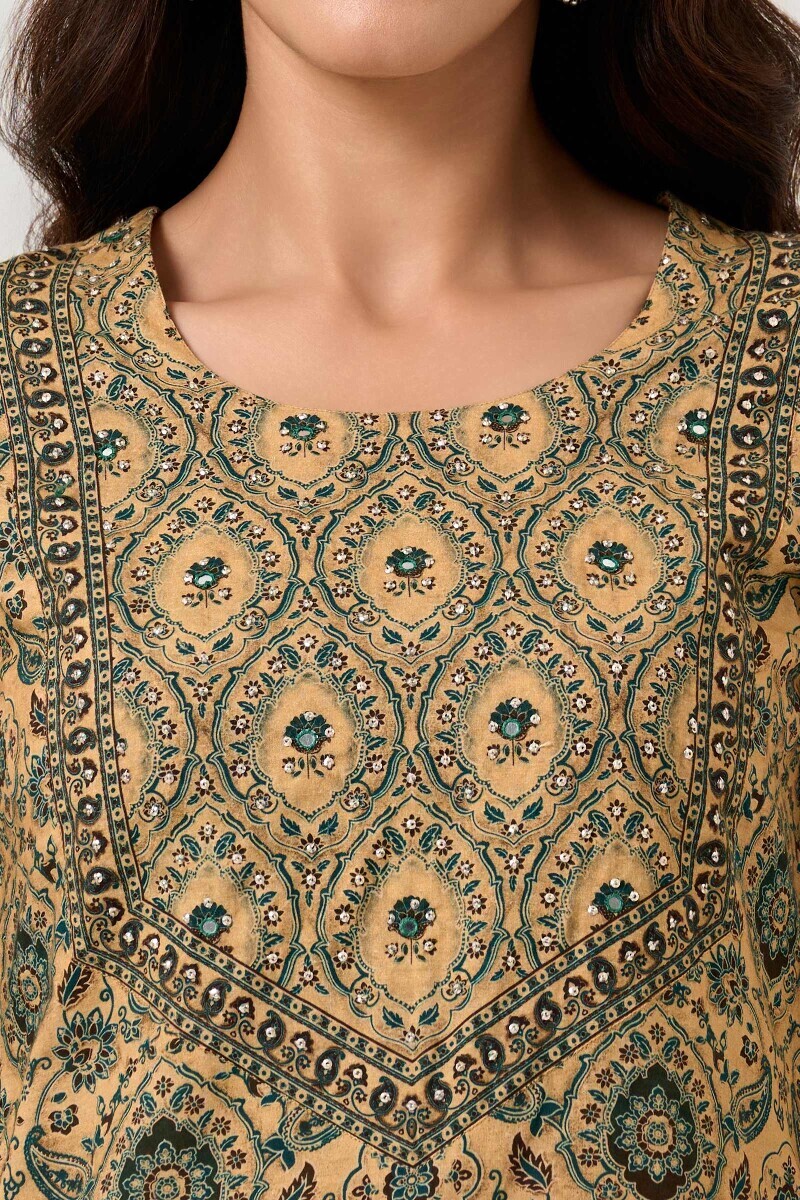 Beige Printed Straight Cotton Kurta