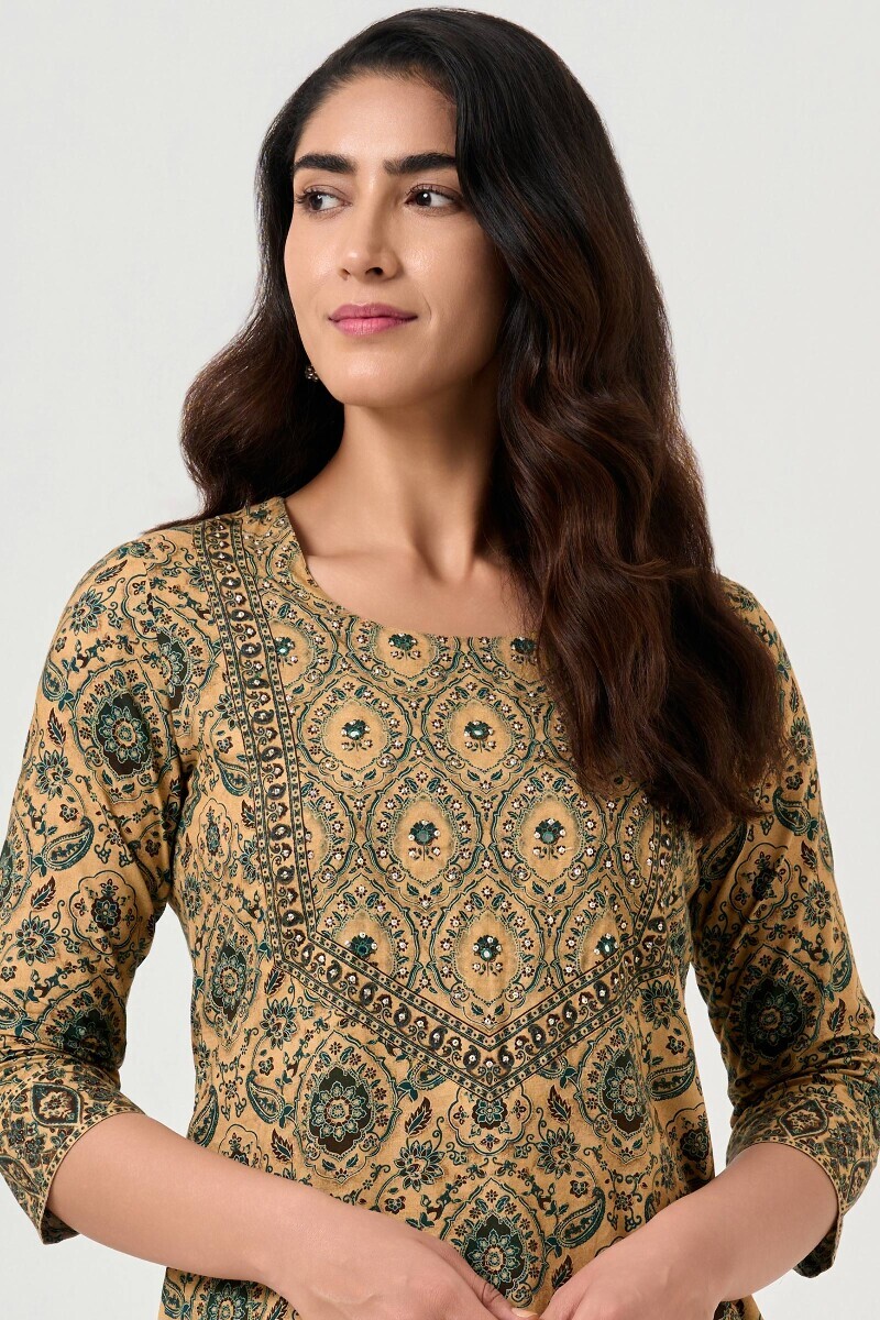 Beige Printed Straight Cotton Kurta