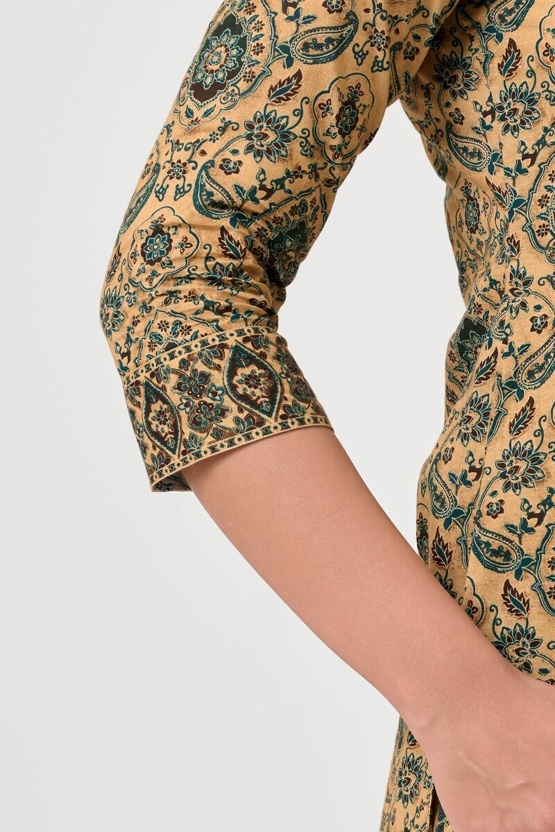 Beige Printed Straight Cotton Kurta