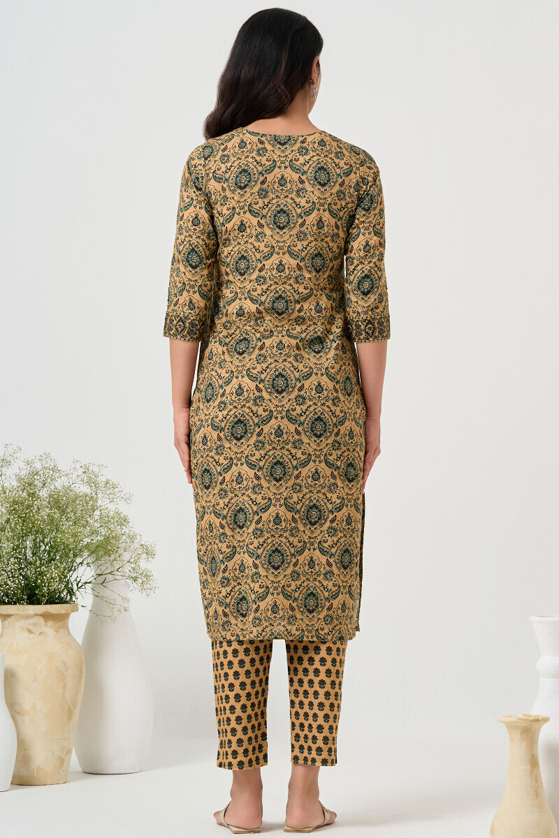 Beige Printed Straight Cotton Kurta