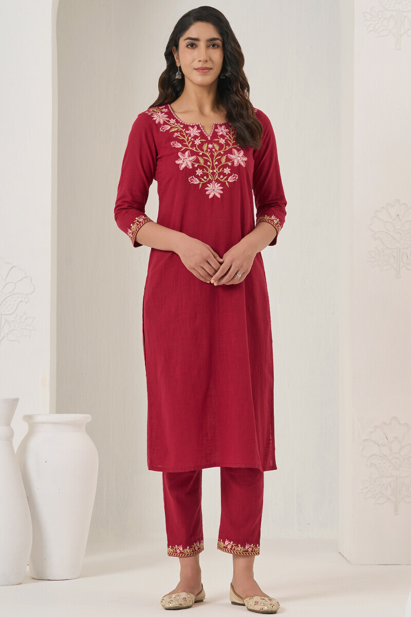 Maroon Handcrafted Straight Gauze Slub Kurta