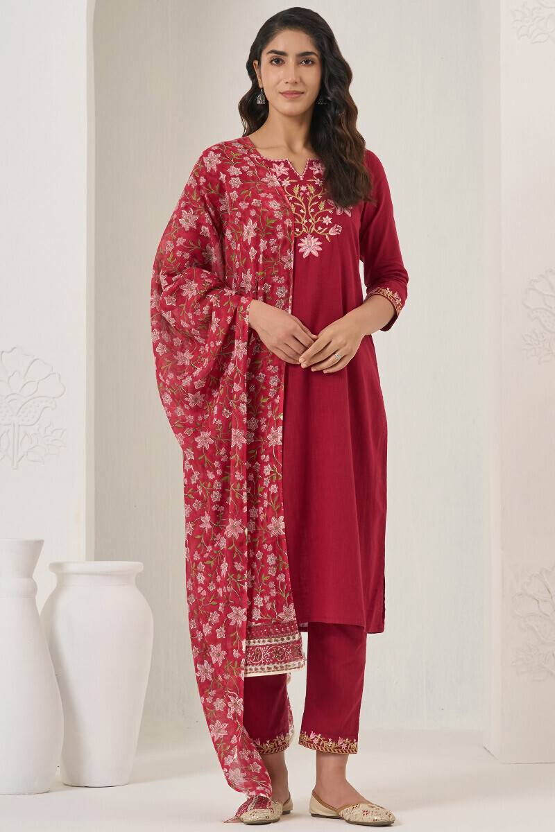 Maroon Handcrafted Straight Gauze Slub Kurta