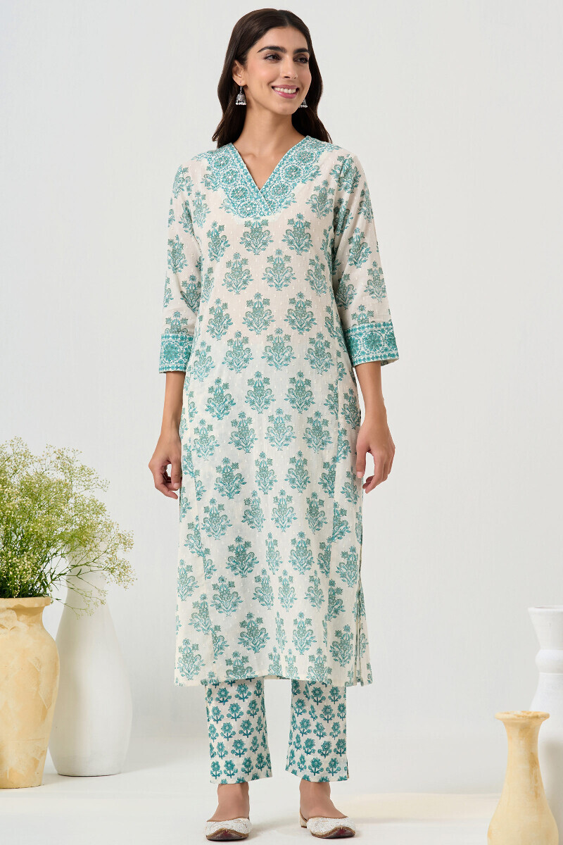 White Hand Block Printed Straight Ram Buta Kurta