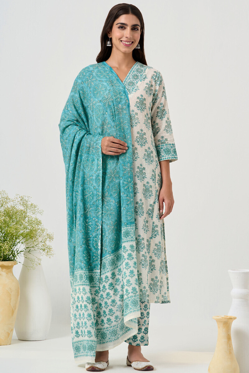 White Hand Block Printed Straight Ram Buta Kurta