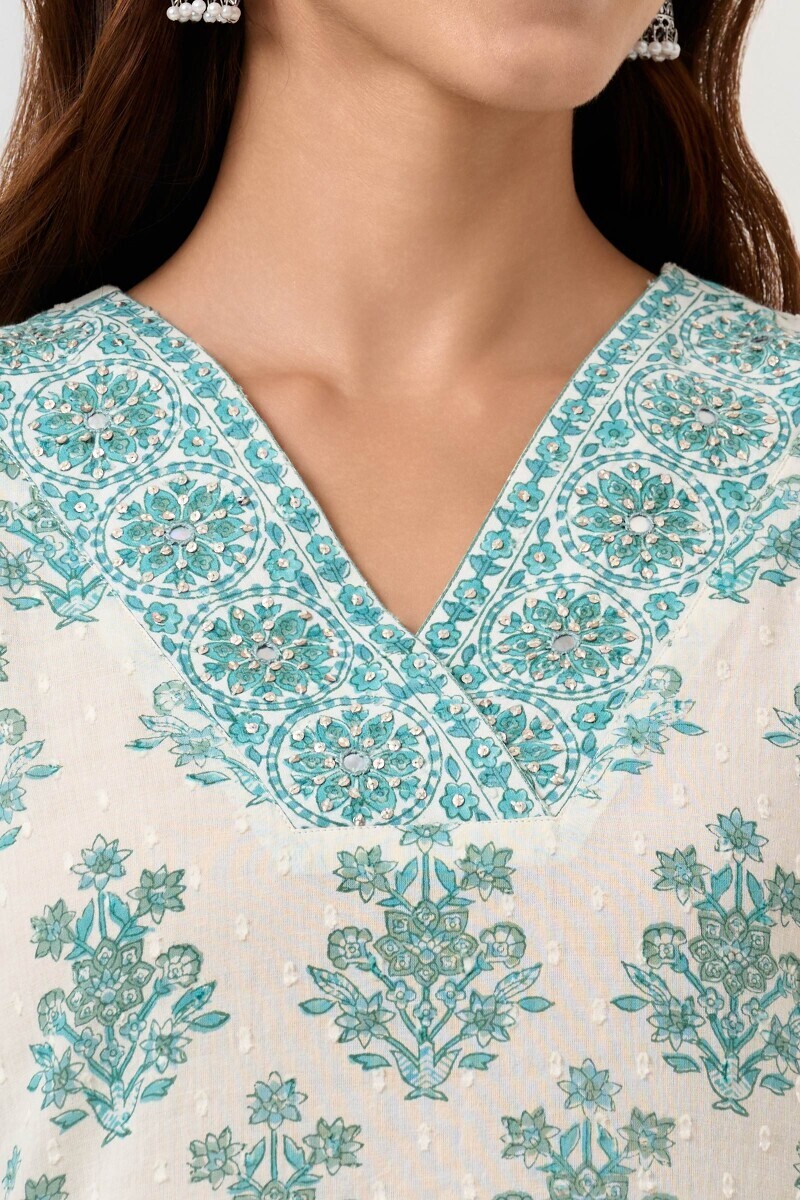 White Hand Block Printed Straight Ram Buta Kurta