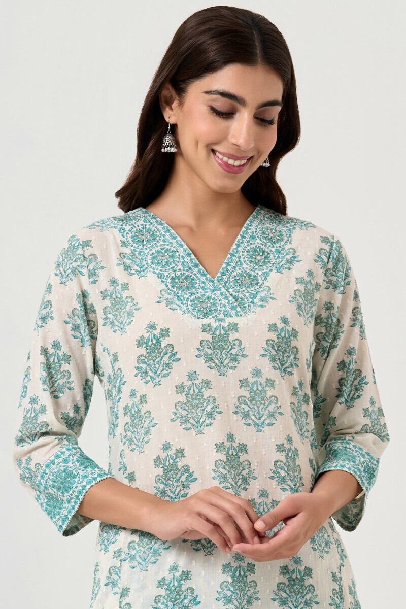 White Hand Block Printed Straight Ram Buta Kurta