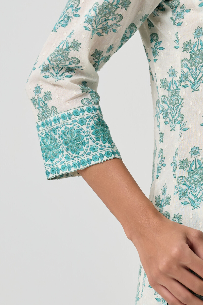 White Hand Block Printed Straight Ram Buta Kurta