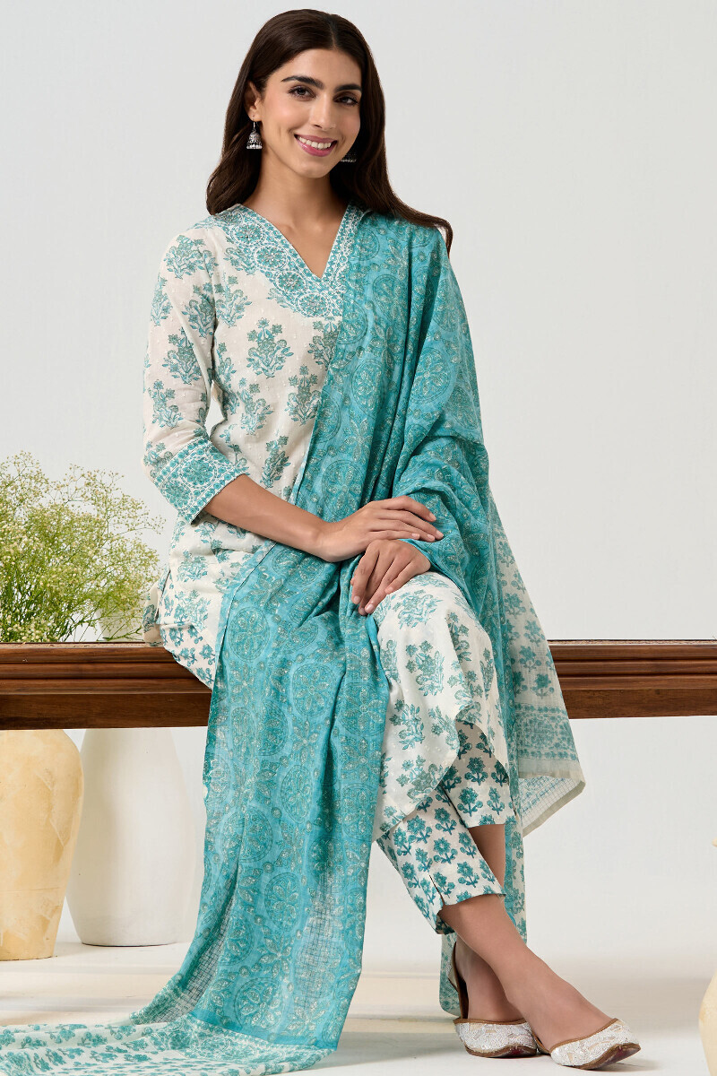 White Hand Block Printed Straight Ram Buta Kurta