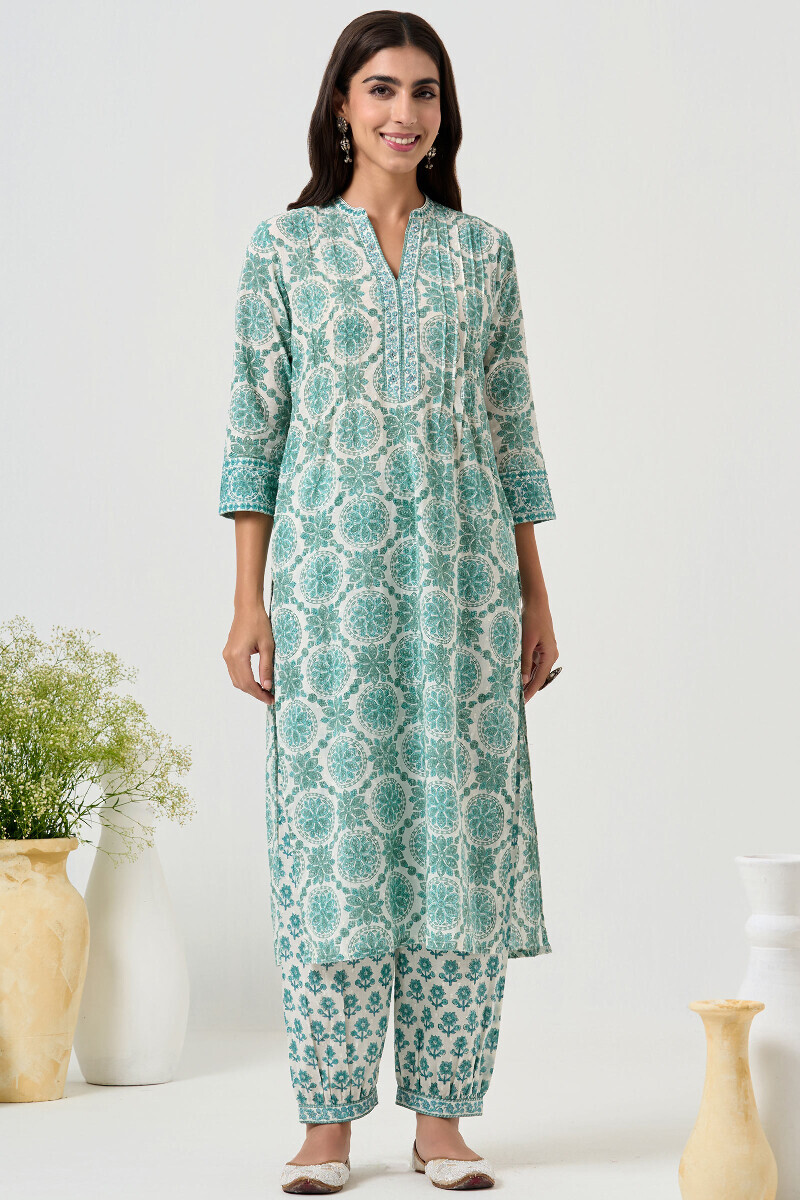 White Hand Block Printed Straight Cotton Kurta