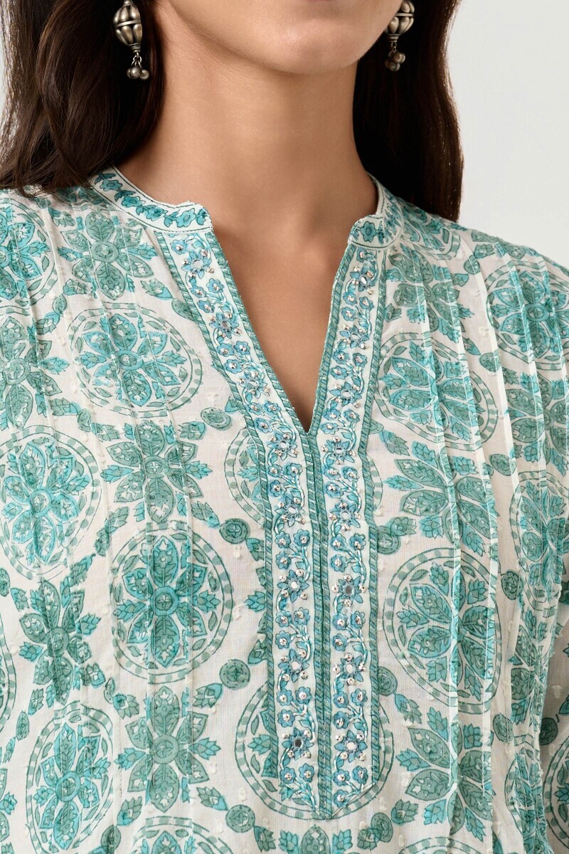 White Hand Block Printed Straight Cotton Kurta