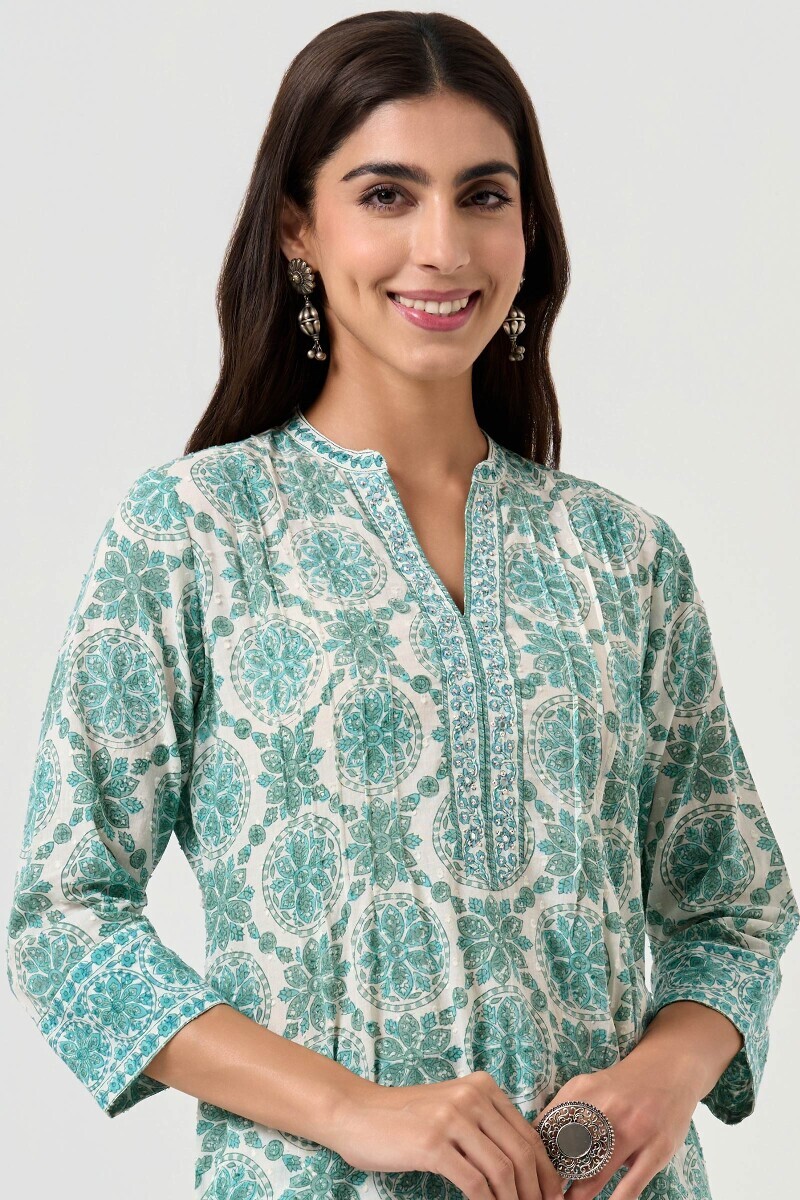 White Hand Block Printed Straight Cotton Kurta