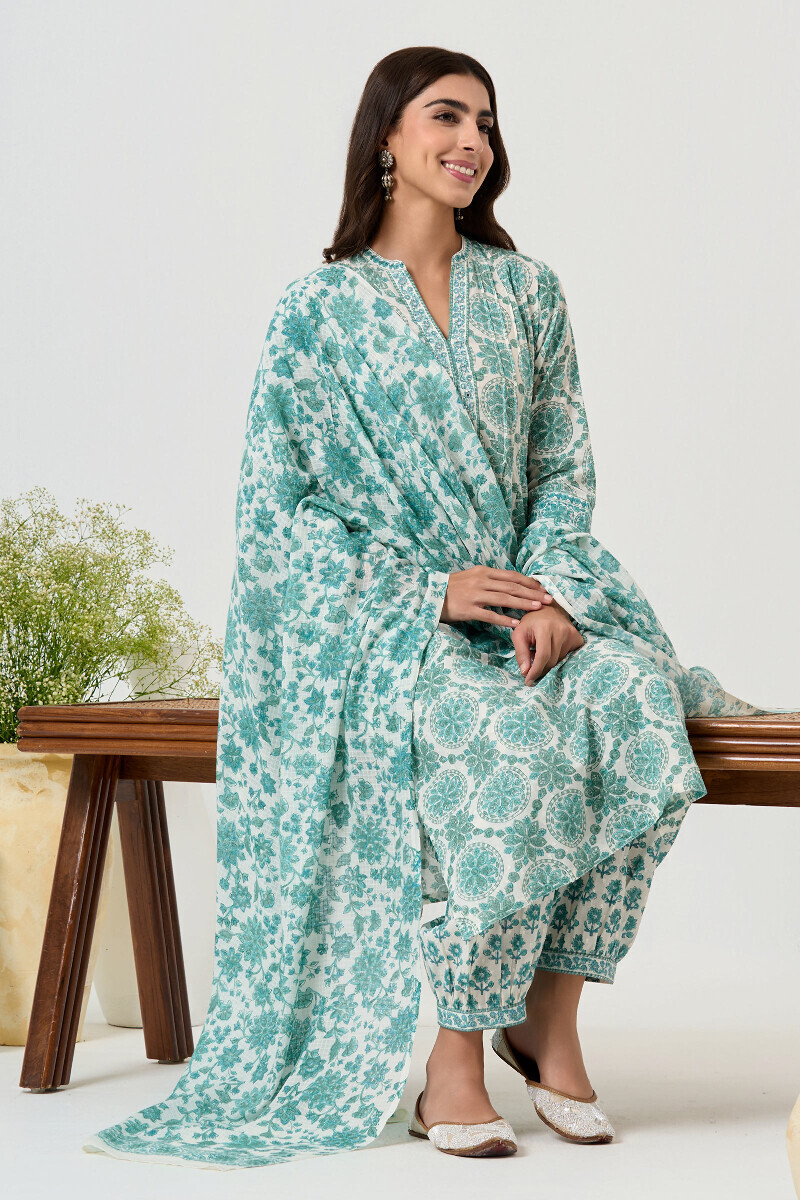 White Hand Block Printed Straight Cotton Kurta