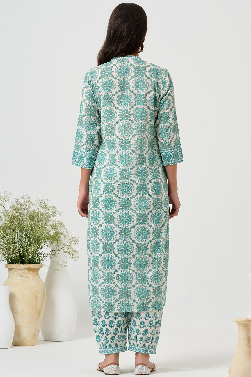 White Hand Block Printed Straight Cotton Kurta