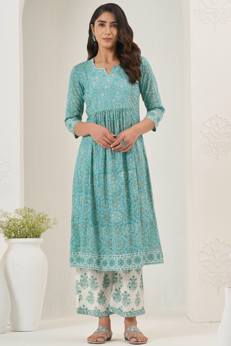 Teal Hand Block Printed A-Line Ram Buta Kurta