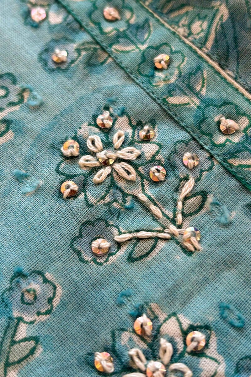 Teal Hand Block Printed A-Line Ram Buta Kurta