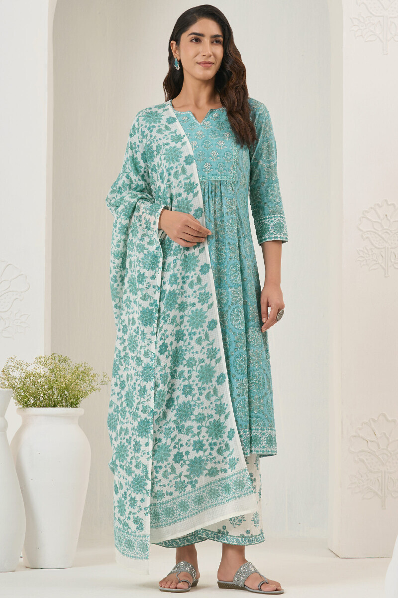 Teal Hand Block Printed A-Line Ram Buta Kurta