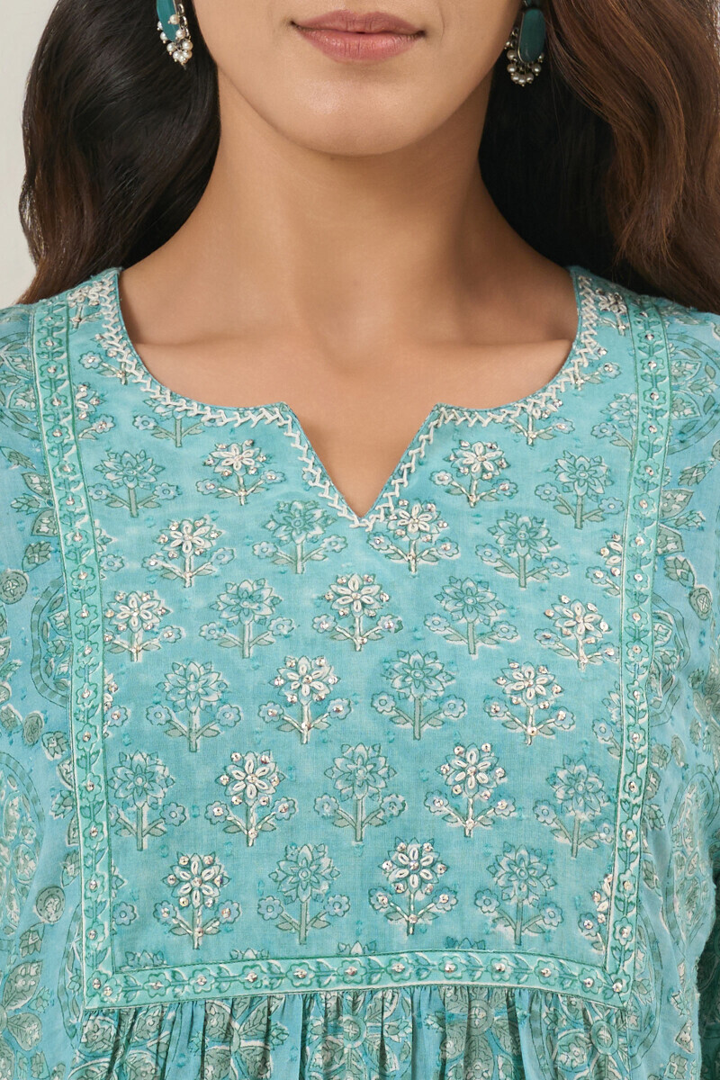 Teal Hand Block Printed A-Line Ram Buta Kurta