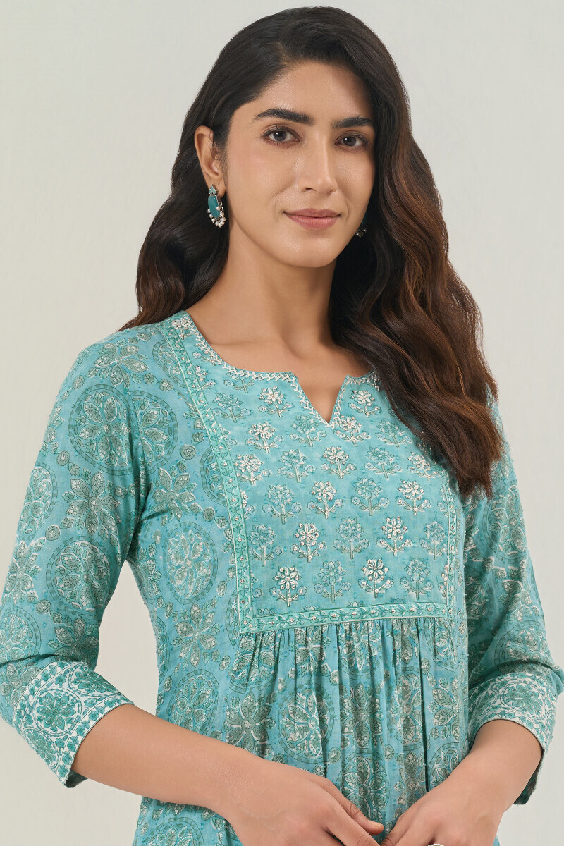 Teal Hand Block Printed A-Line Ram Buta Kurta