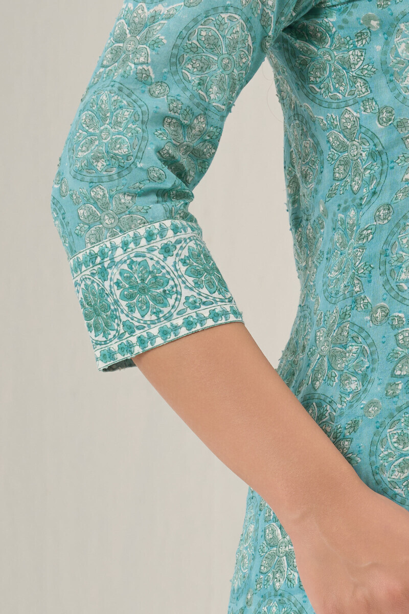 Teal Hand Block Printed A-Line Ram Buta Kurta