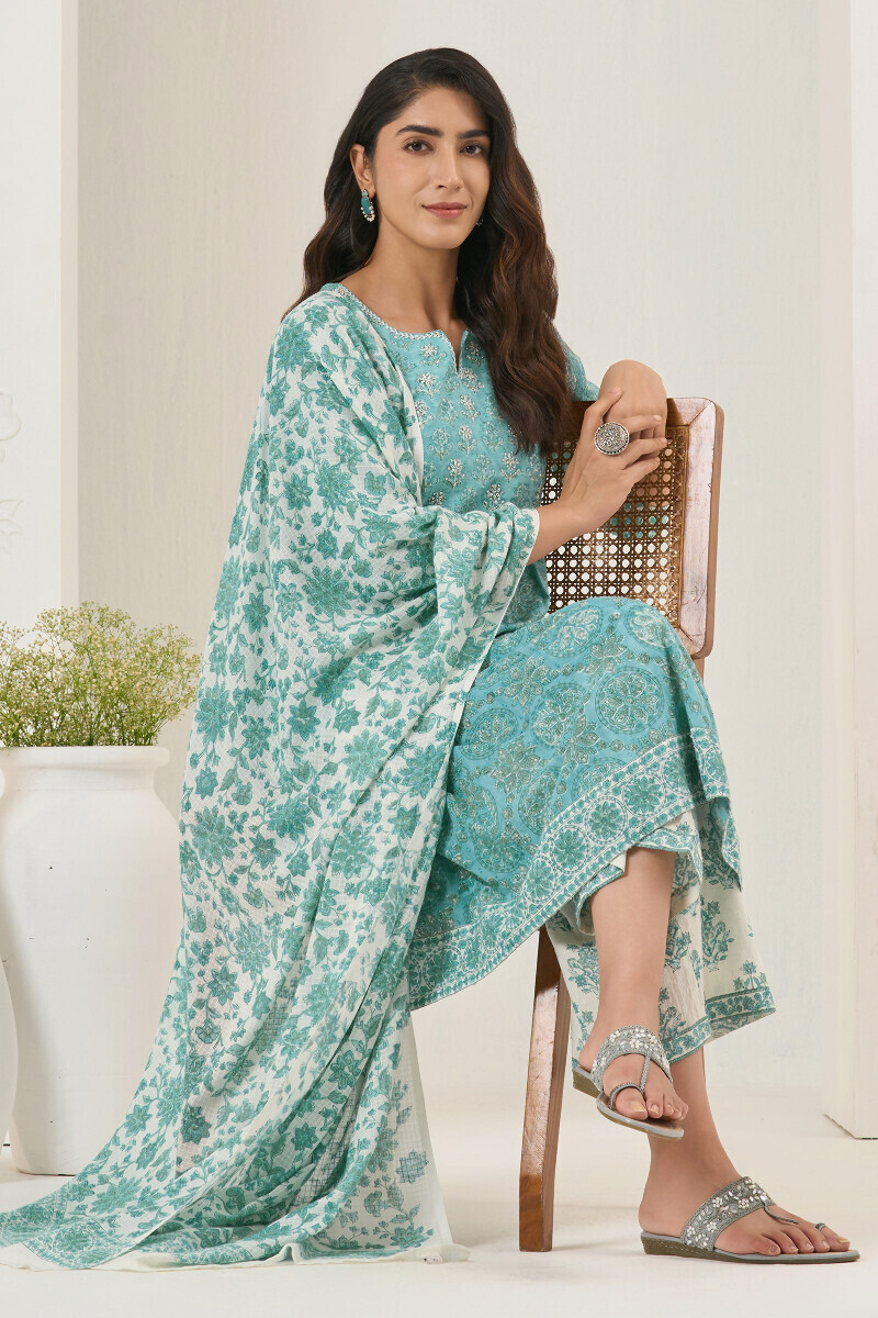 Teal Hand Block Printed A-Line Ram Buta Kurta