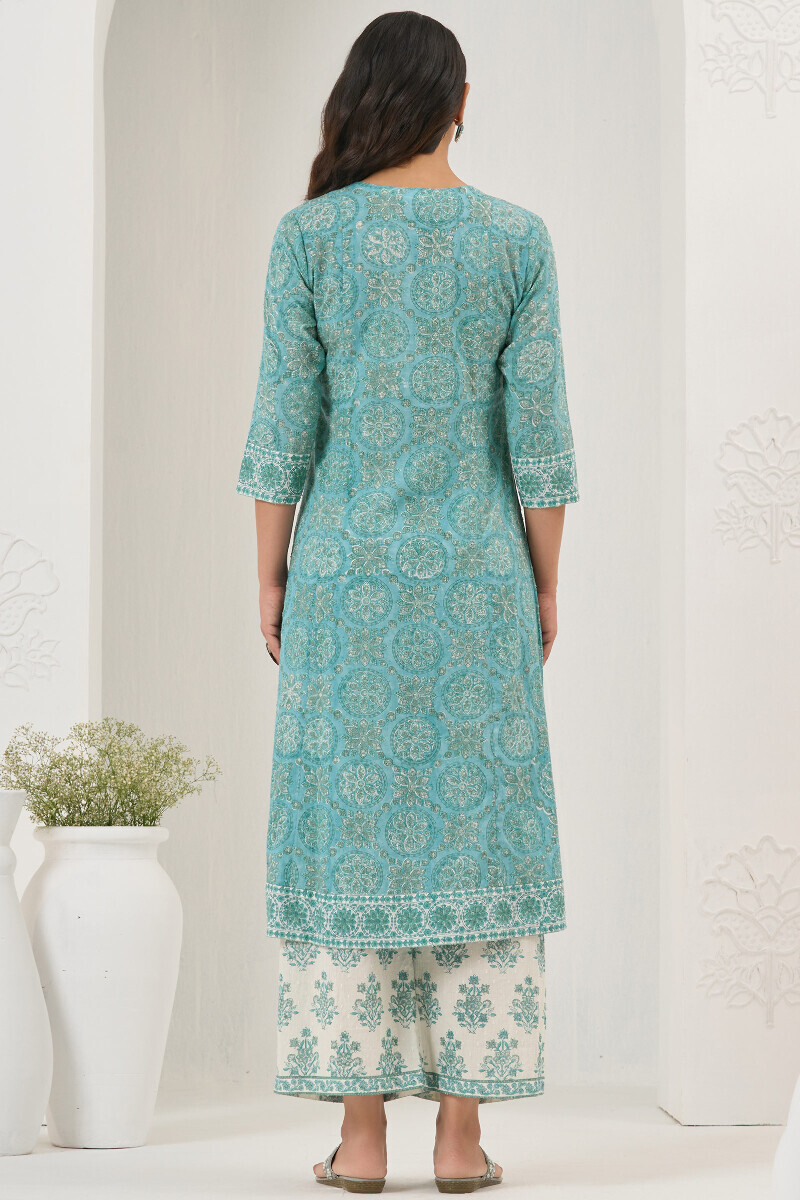 Teal Hand Block Printed A-Line Ram Buta Kurta
