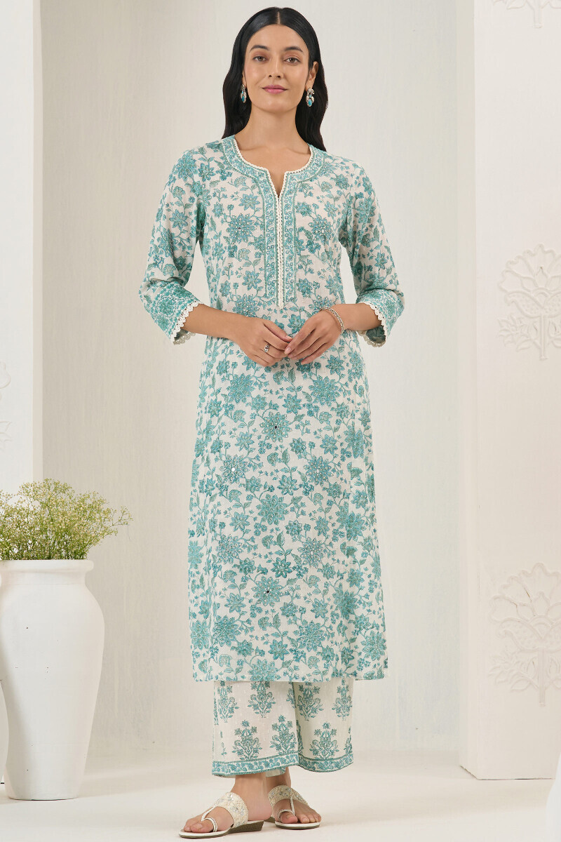White Hand Block Printed Straight Ram Buta Kurta