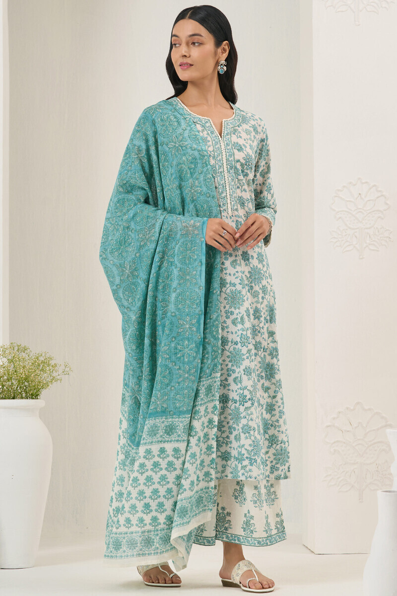 White Hand Block Printed Straight Ram Buta Kurta