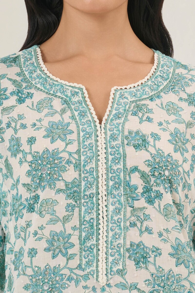 White Hand Block Printed Straight Ram Buta Kurta