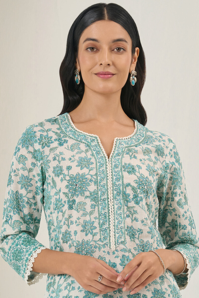 White Hand Block Printed Straight Ram Buta Kurta