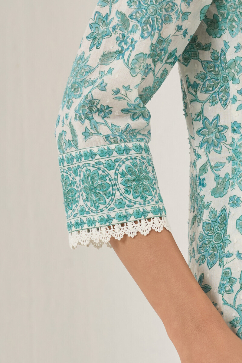 White Hand Block Printed Straight Ram Buta Kurta