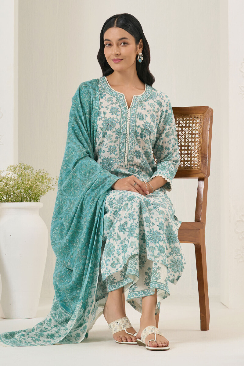 White Hand Block Printed Straight Ram Buta Kurta