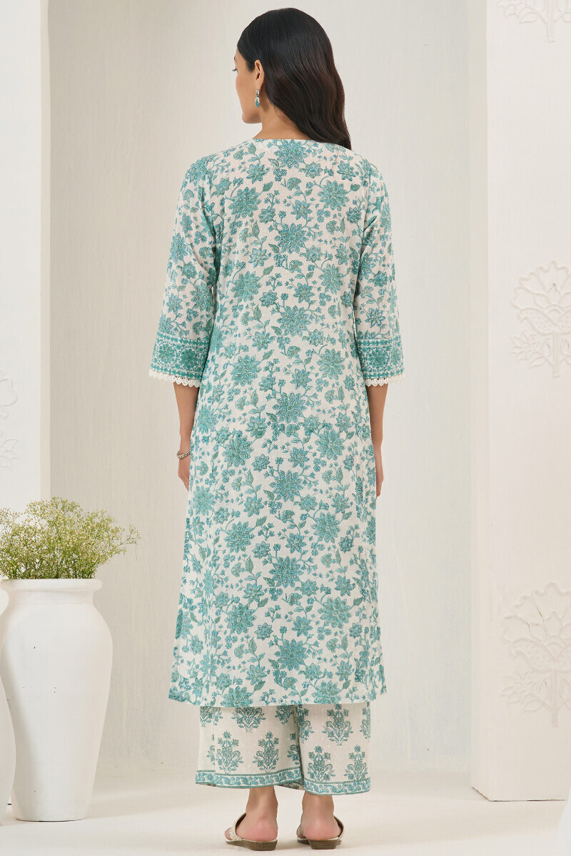 White Hand Block Printed Straight Ram Buta Kurta