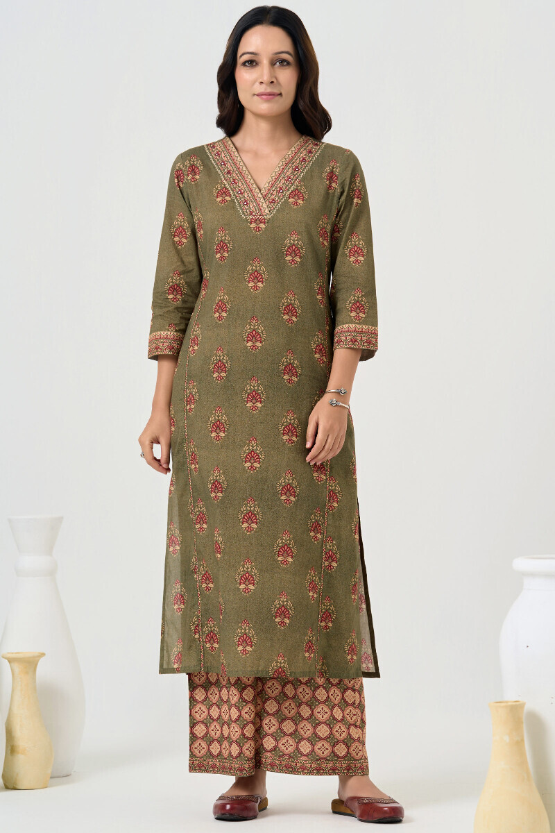 Green Printed Straight Cotton Kurta