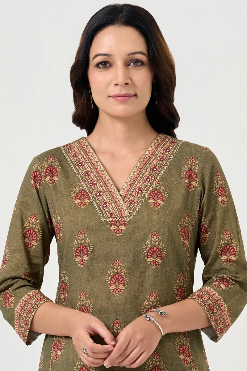 Green Printed Straight Cotton Kurta