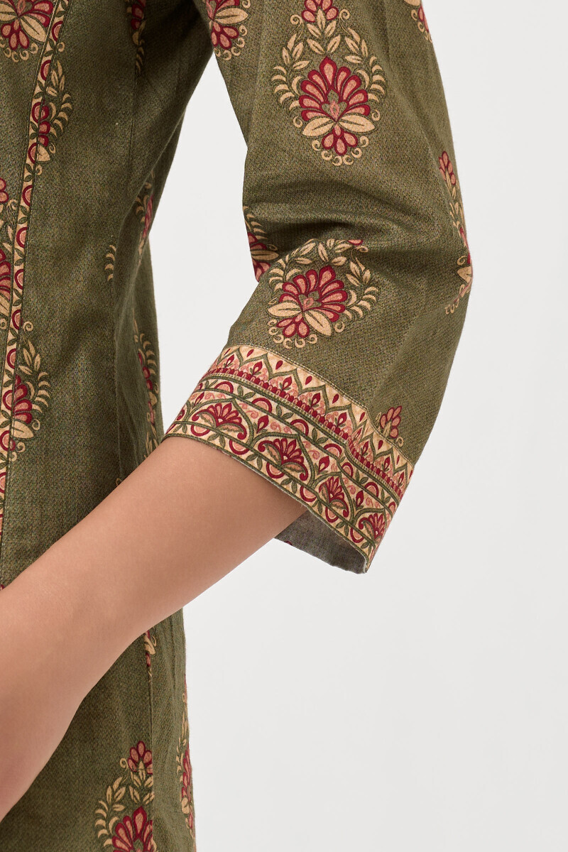 Green Printed Straight Cotton Kurta