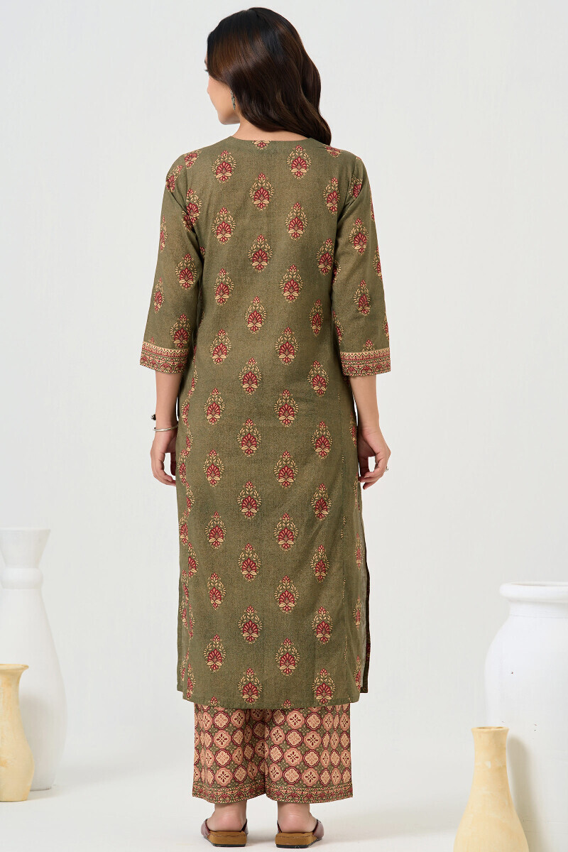 Green Printed Straight Cotton Kurta