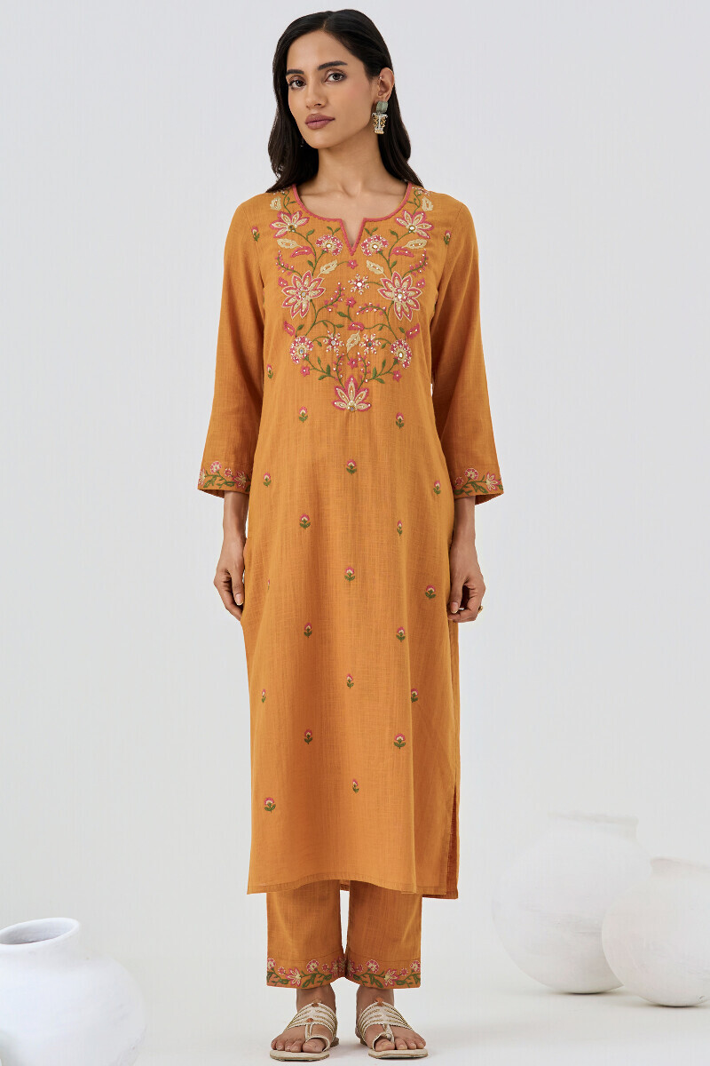 Mustard Handcrafted Straight Gauze Slub Kurta