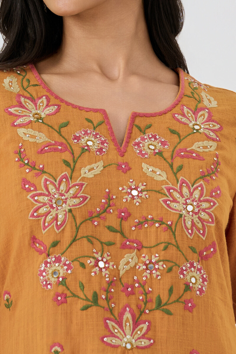 Mustard Handcrafted Straight Gauze Slub Kurta