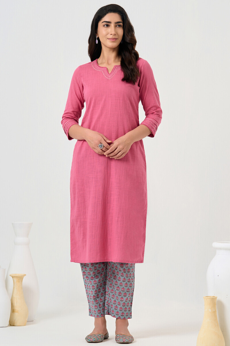 Pink Handcrafted Straight Gauze Slub Kurta