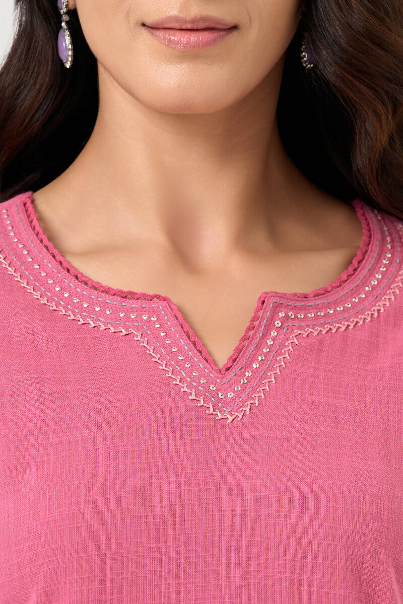 Pink Handcrafted Straight Gauze Slub Kurta