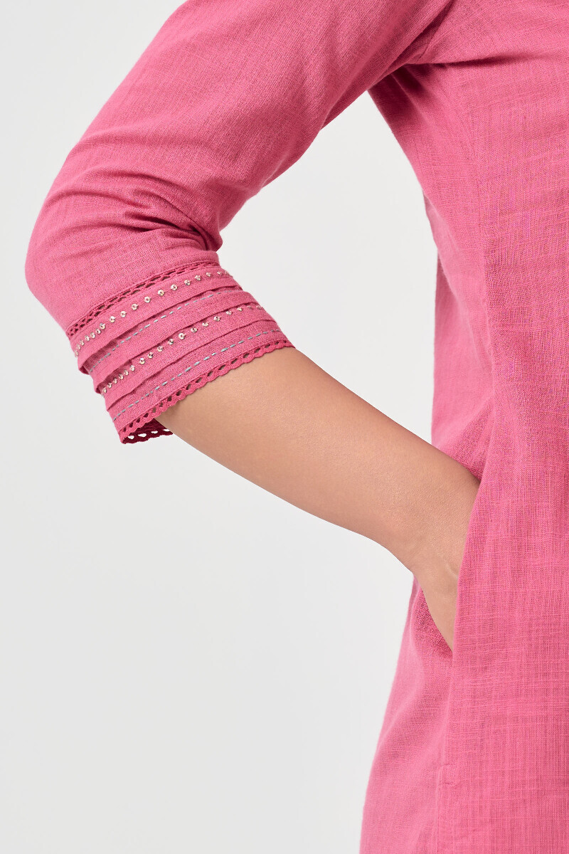 Pink Handcrafted Straight Gauze Slub Kurta