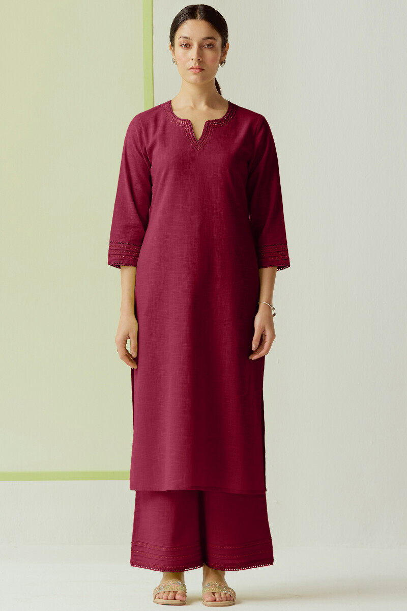 Maroon Handcrafted Straight Gauze Slub Kurta