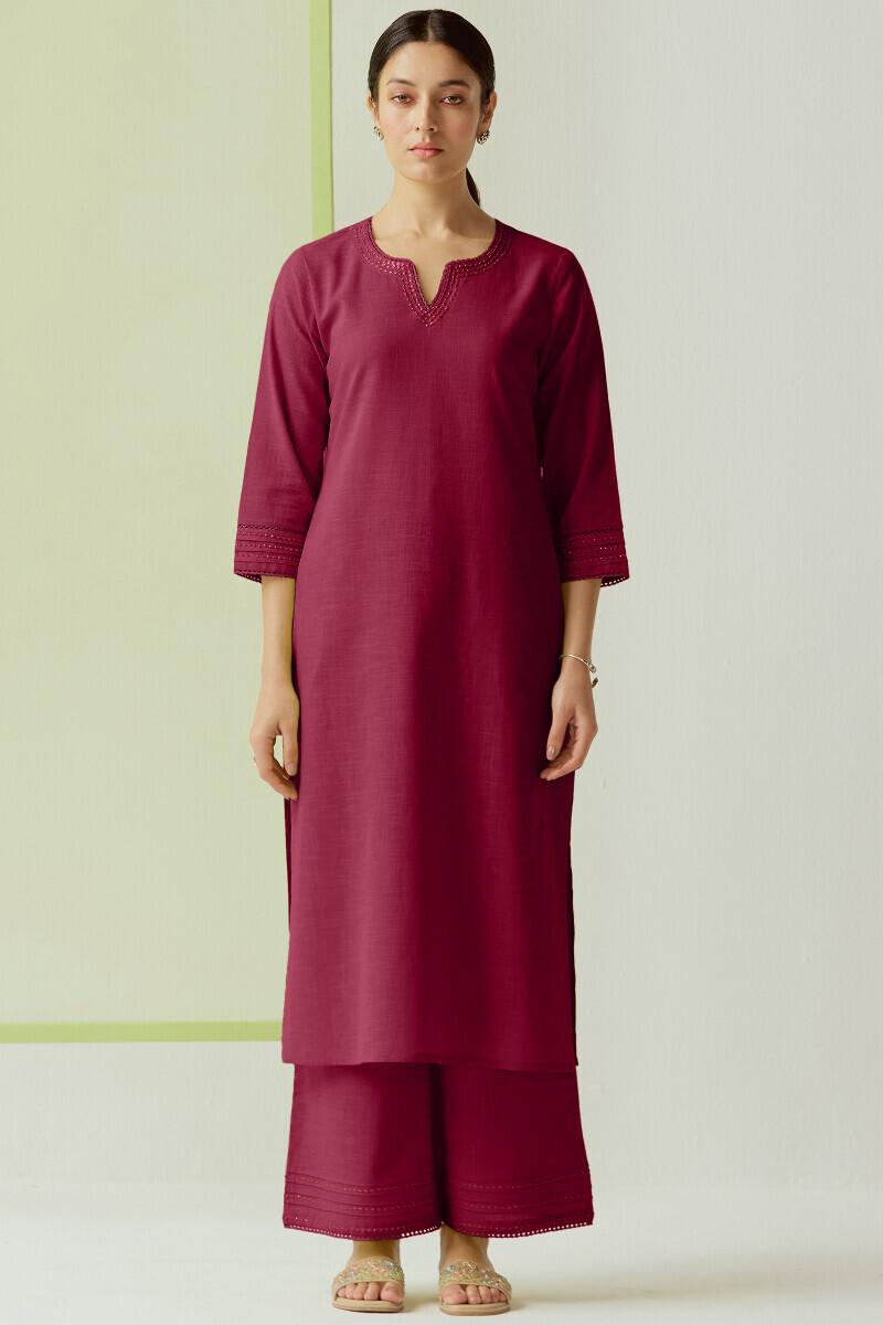 Maroon Handcrafted Straight Gauze Slub Kurta
