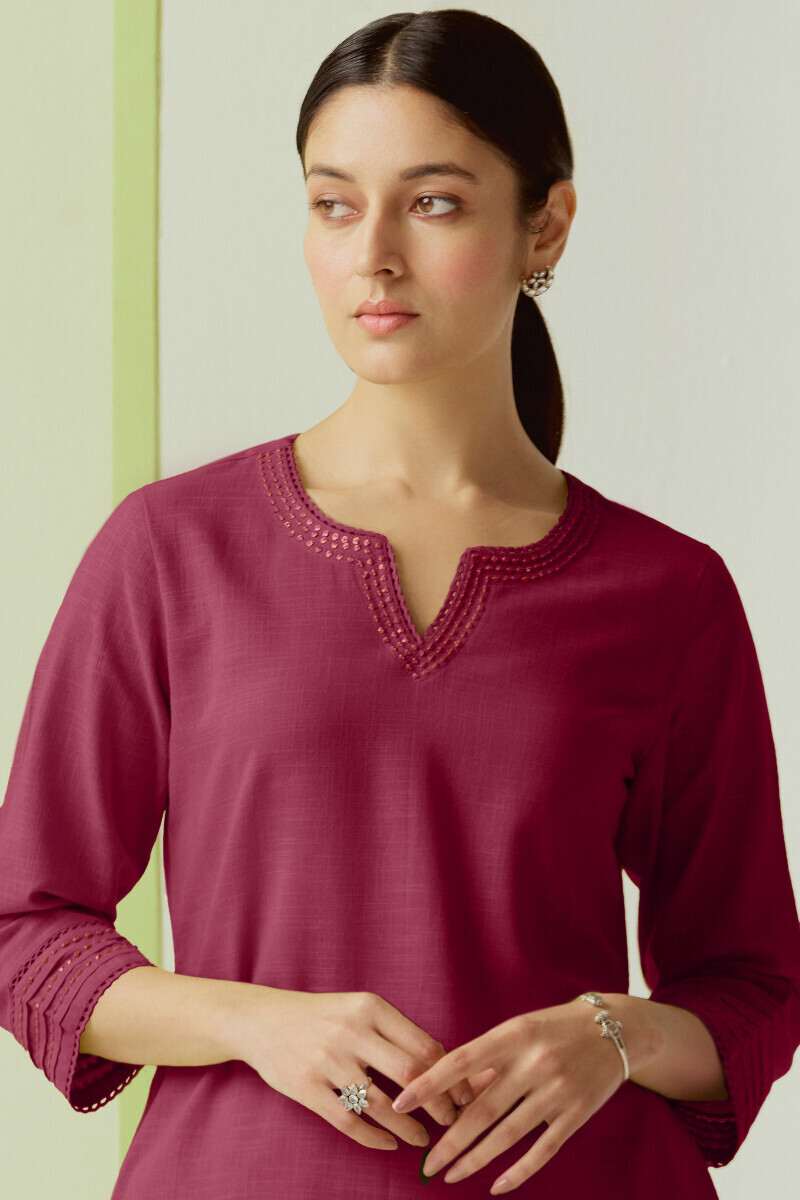 Maroon Handcrafted Straight Gauze Slub Kurta