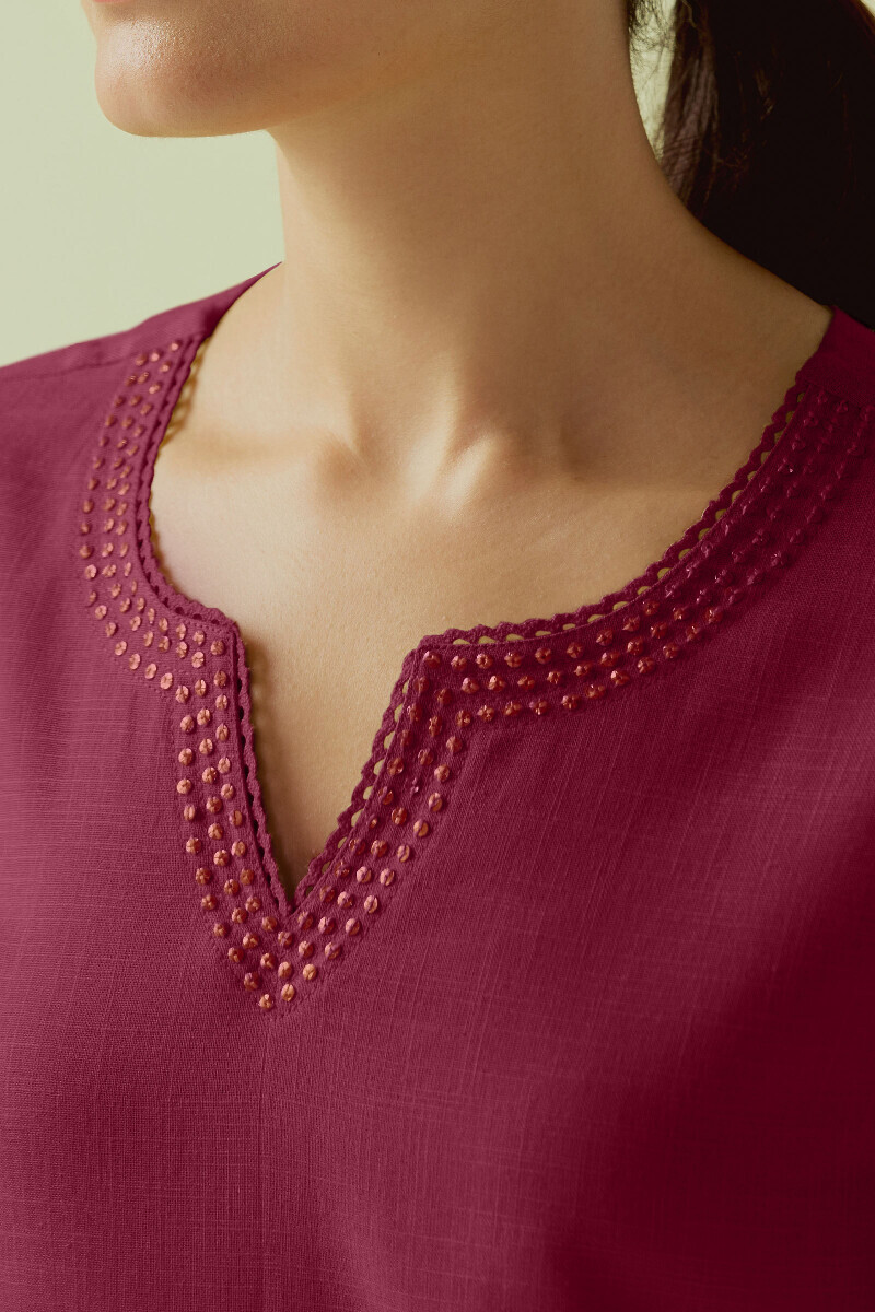 Maroon Handcrafted Straight Gauze Slub Kurta
