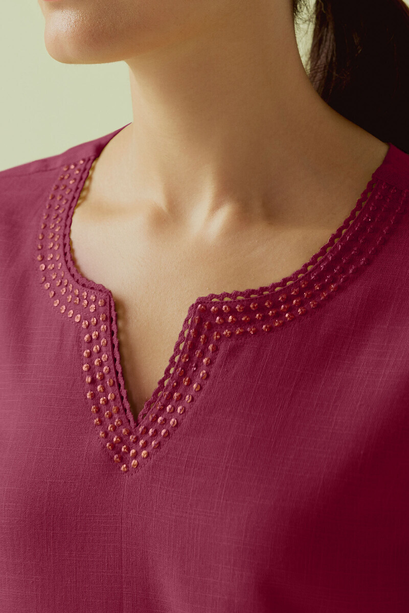Maroon Handcrafted Straight Gauze Slub Kurta
